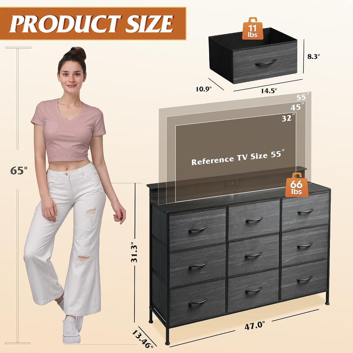 WLIVE Dresser TV Stand with LED Lights &Outlets, 9 Fabric Drawers, Charcoal