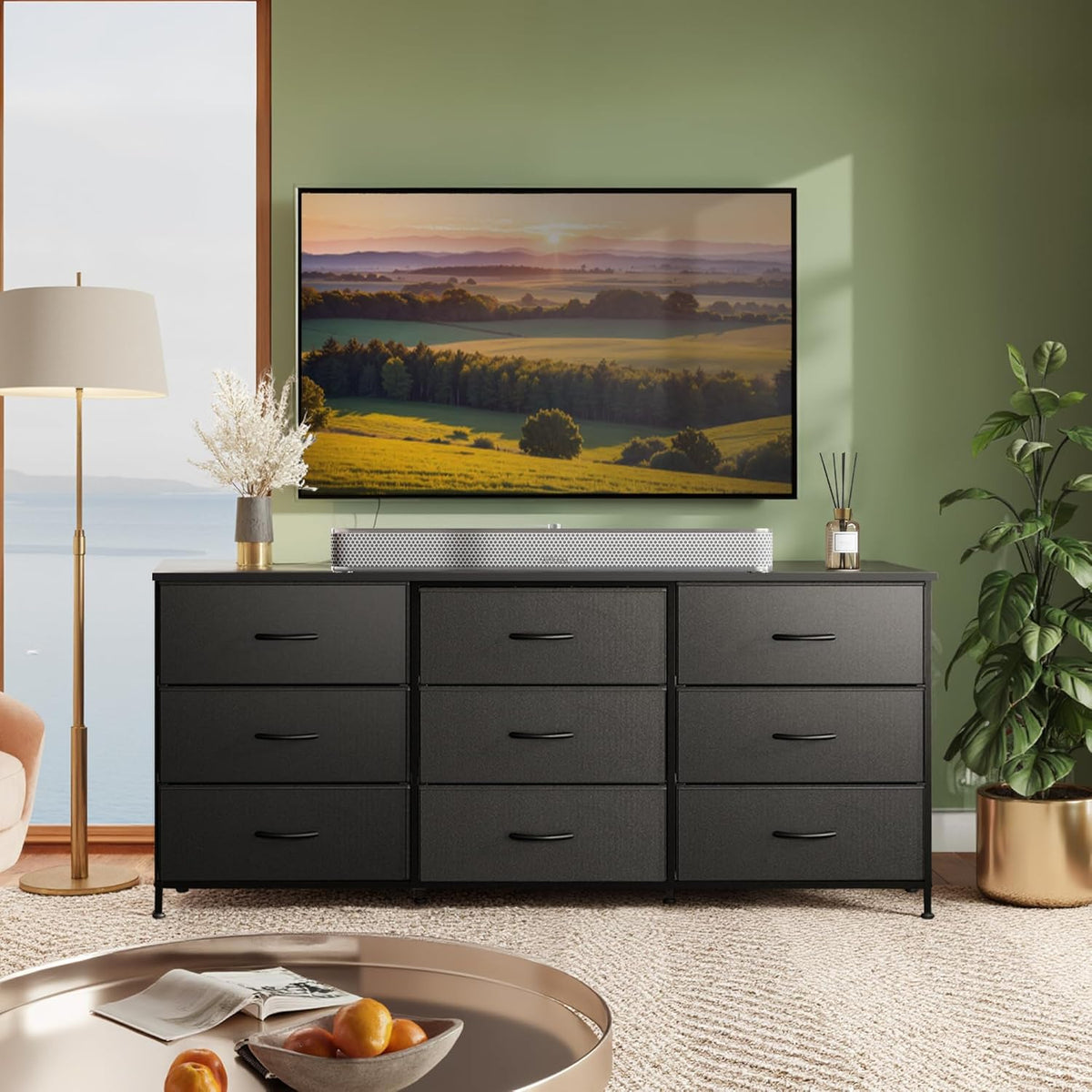WLIVE Dresser TV Stand for 75'' TV, 9 Fabric Drawers of Wide Dresser, Black