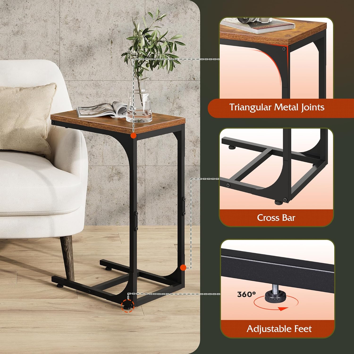 WLIVE C Shaped End Table, Small Couch Side Tables with Metal Frame that Slide Under, Sofa Table TV Tray for Living Room, Bedroom