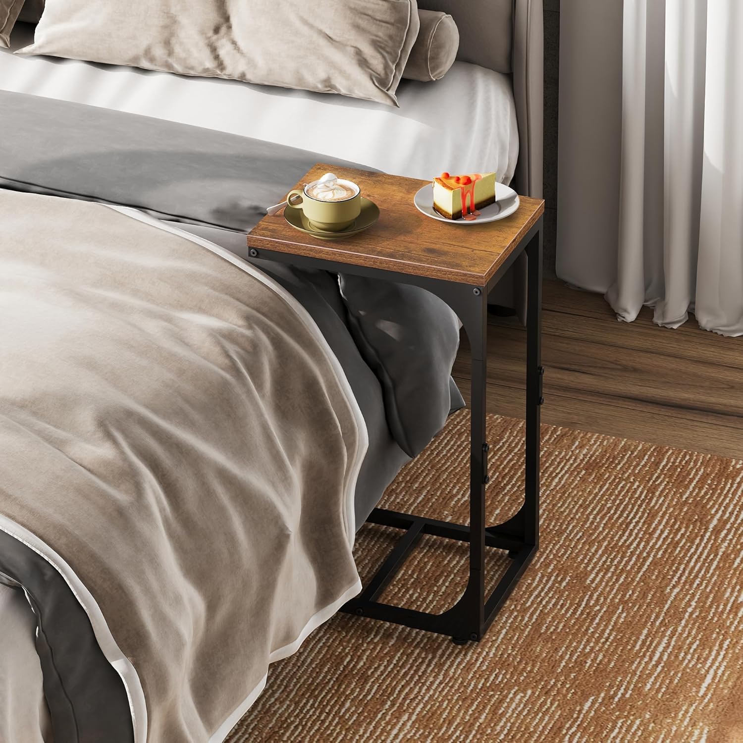 WLIVE C Shaped End Table, Small Couch Side Tables with Metal Frame that Slide Under, Sofa Table TV Tray for Living Room, Bedroom