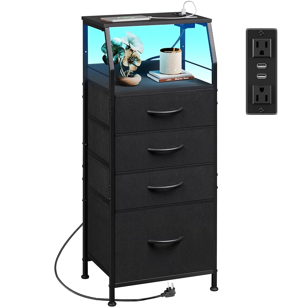 WLIVE Fabric 4-Drawer LED Nightstand with Charging Station