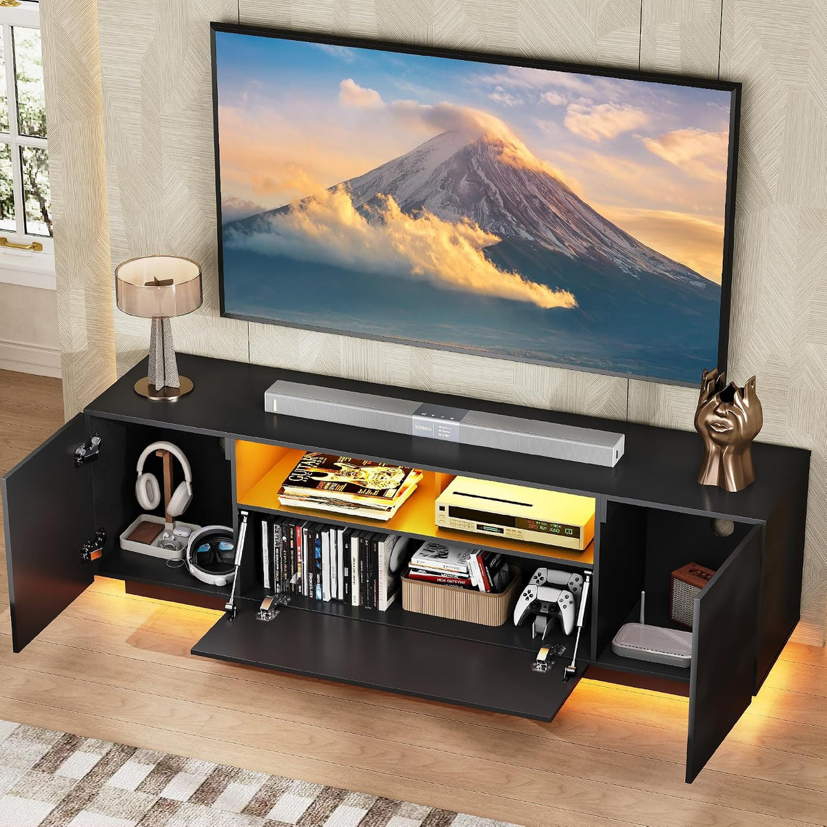 WLIVE LED TV Stand for 55/60/65 Inch TVs, Modern Entertainment Center with Storage Cabinets and Drawer, Gaming Media TV Console with RGB Lights for Living Room, Black