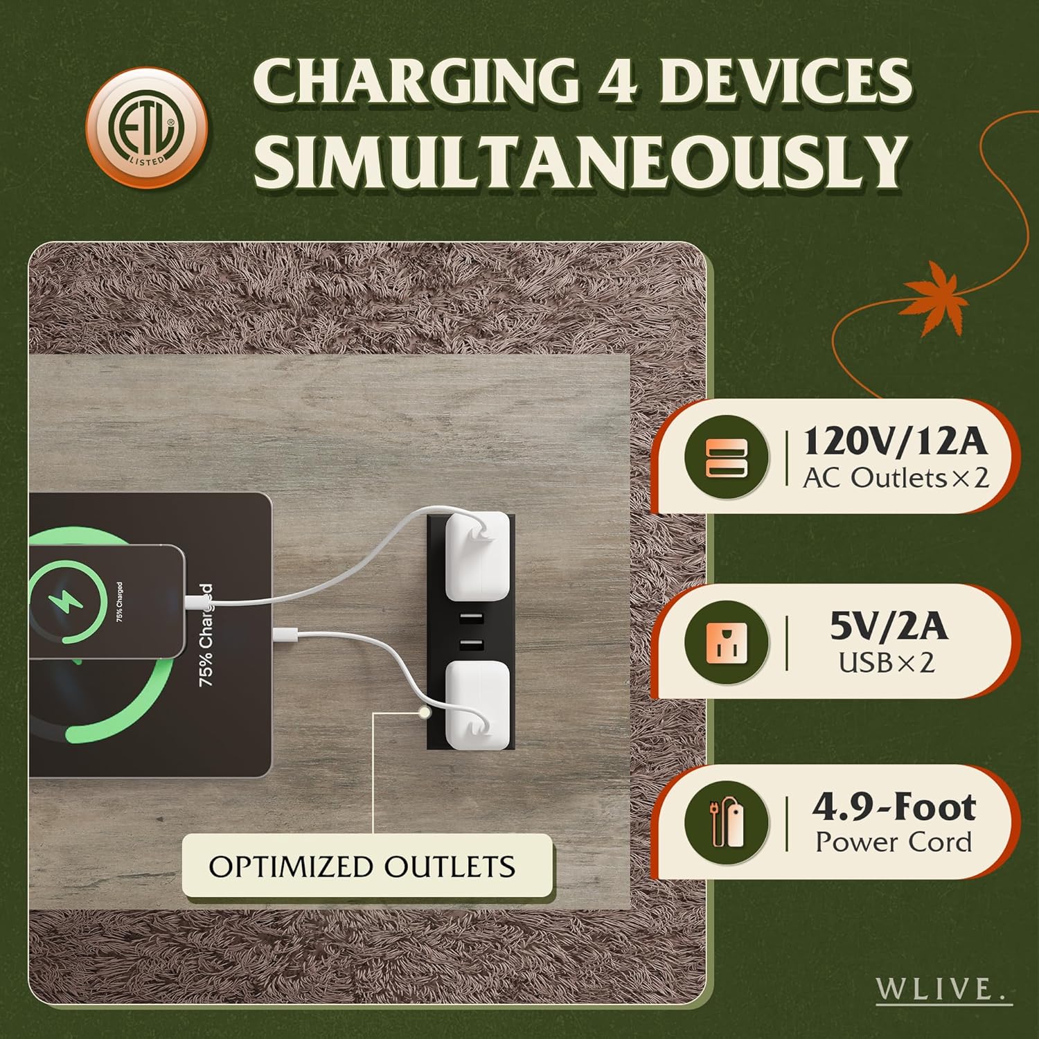 WLIVE Farmhouse Narrow 2-Tier Side Table with Charging Station