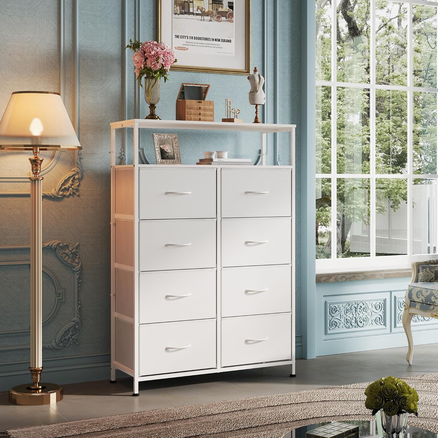 WLIVE Tall 8-Drawer Fabric Storage Dresser with Open Shelves