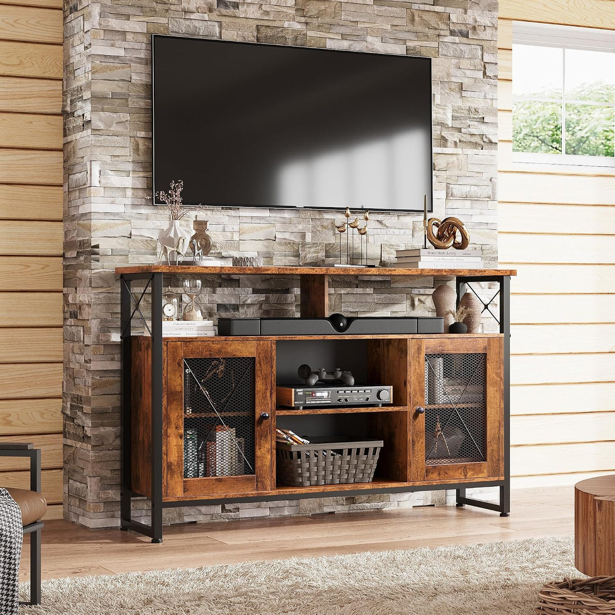 WLIVE TV Stand 55 inch TV, Tall Entertainment Center with Storage, Farmhouse Industrial TV Console for Bedroom Living Room