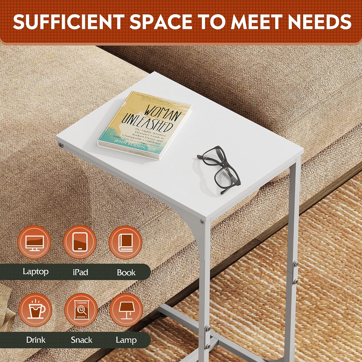 WLIVE C Shaped End Table, Small Couch Side Tables with Metal Frame that Slide Under, Sofa Table TV Tray for Living Room, Bedroom