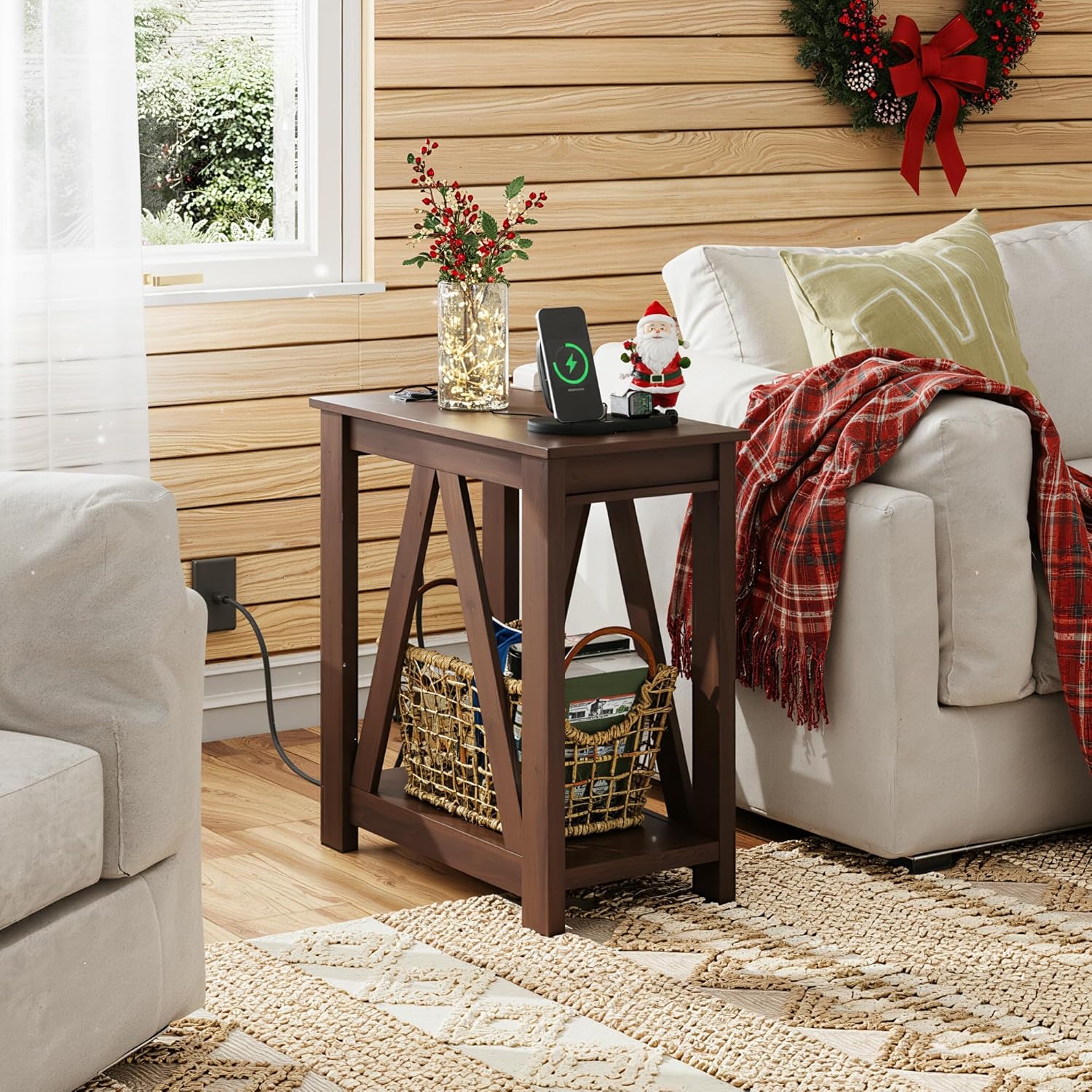 WLIVE End Tables Living Room Set of 2 with Charging Station, Sofa Side Tables with Open Storage Shelf, Slim Farmhouse End Table Sets