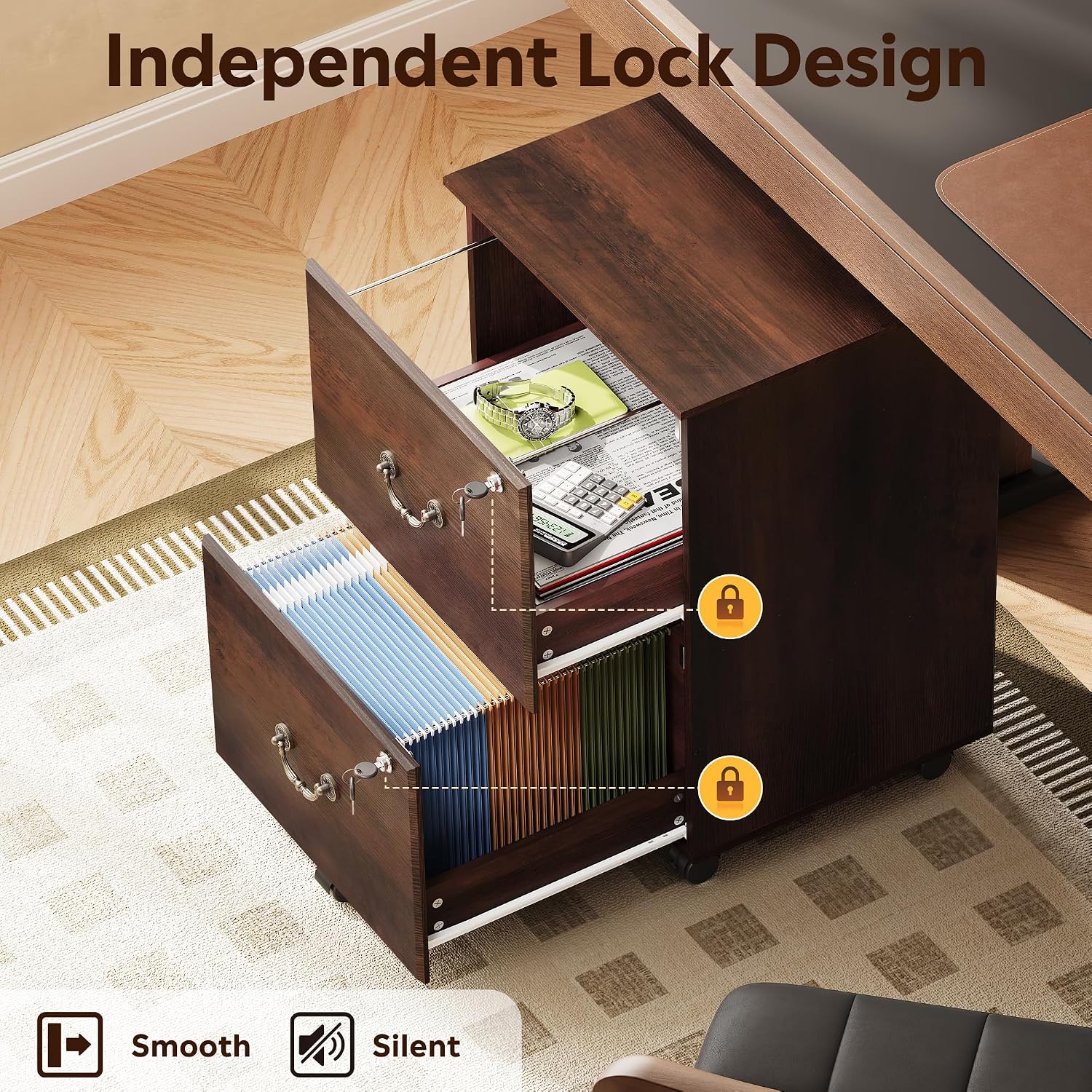 DEVAISE 2 Drawer File Cabinet, Mobile File Cabinet with Lock, Brown Oak | Wood Filing Cabinet for Under Desk for Home Office, Rolling Printer Stand for Office Storage, 360° Lockable Casters