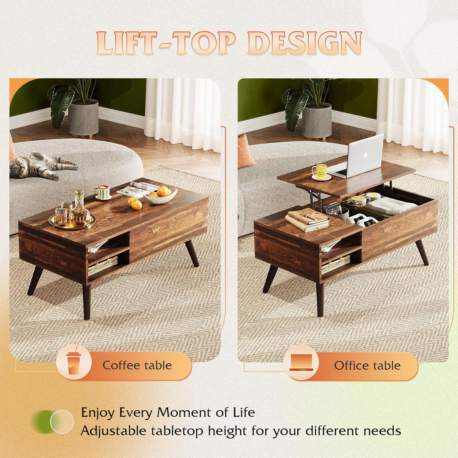 WLIVE Mid Century Modern Wood Lift Top Coffee Table with bookshelves