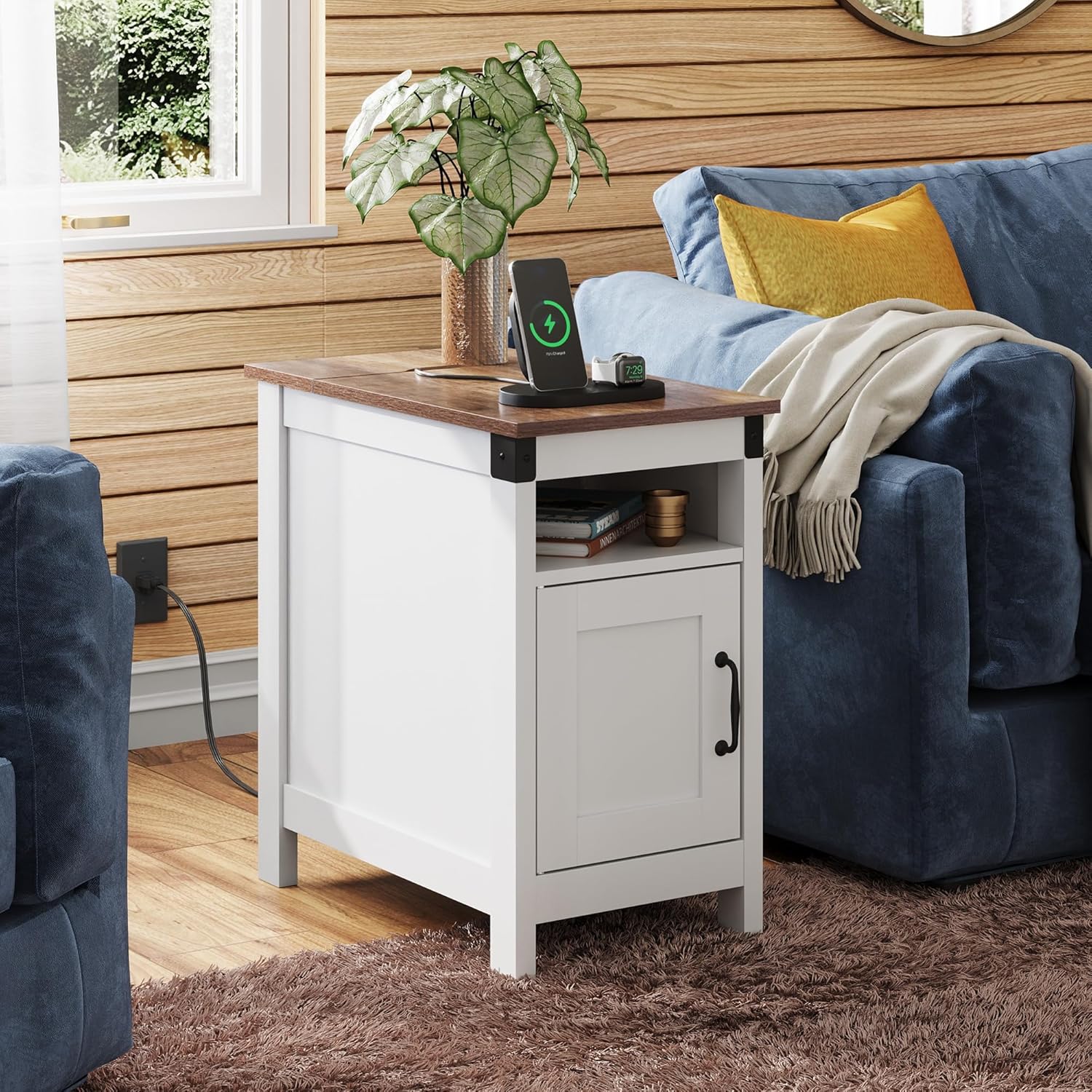 WLIVE End Table with Charging Station, Narrow Side Table for Living Room, Farmhouse Night Stand with Storage, Small Wooden Cabinet with USB Ports and Outlets for Living Room and Bedroom