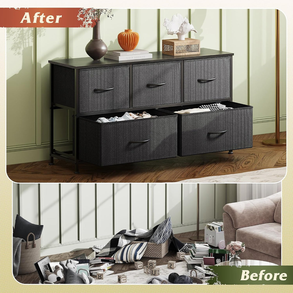 WLIVE Dresser for Bedroom, Wide Dresser with 5 Fabric Drawer Charcoal Black