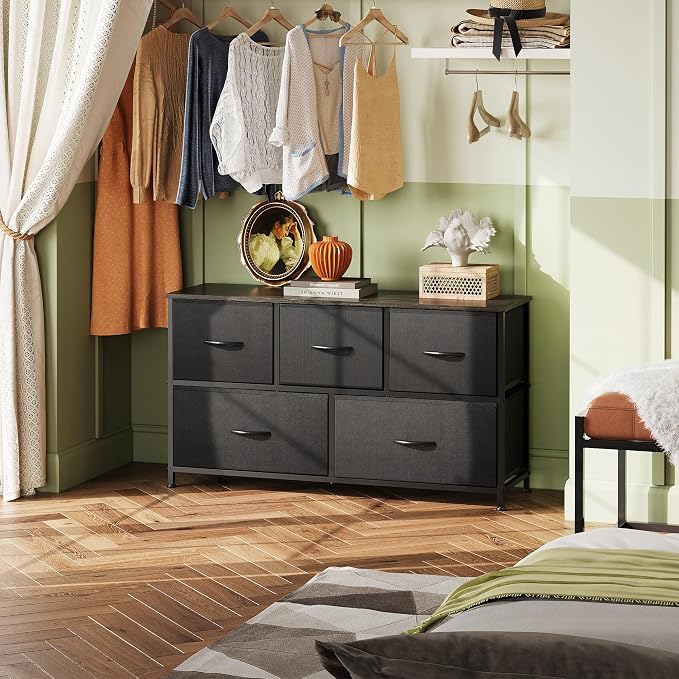 WLIVE Dresser for Bedroom, Wide Dresser with 5 Fabric Drawer Charcoal Black