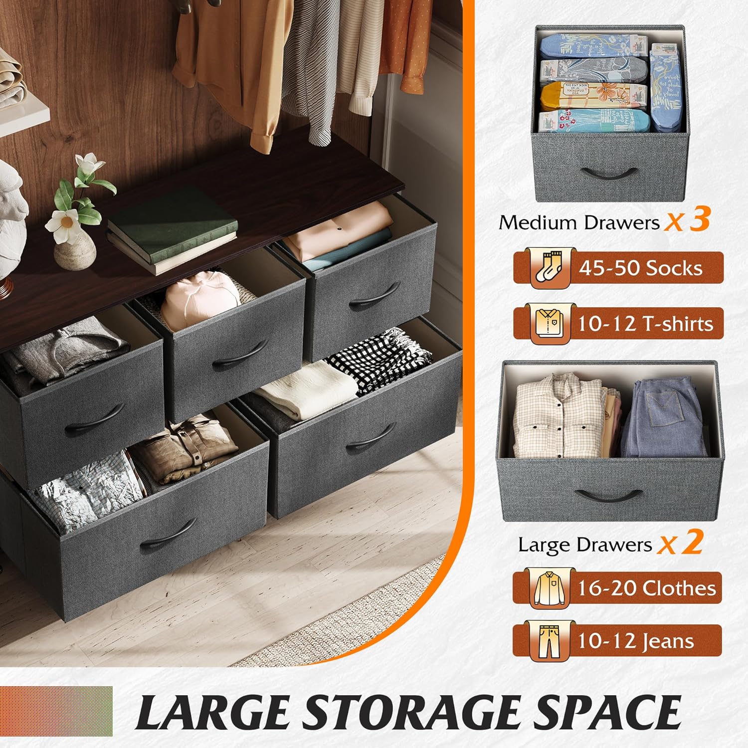WLIVE Minimalist Wide Fabric 5-Drawer Dresser