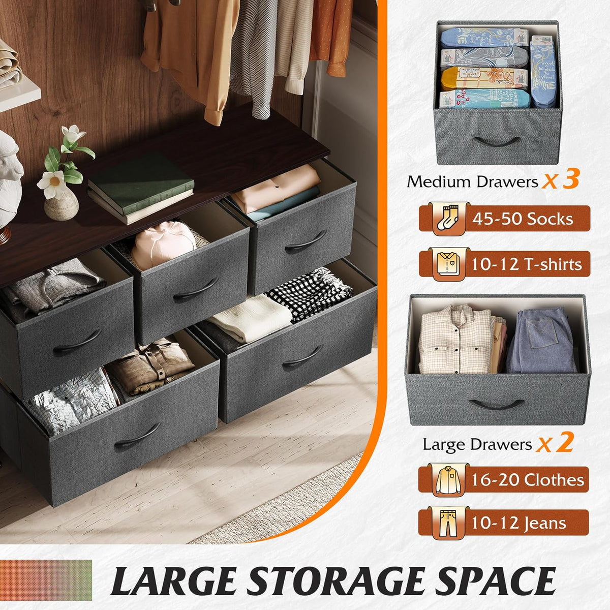 WLIVE Dresser for Bedroom, Wide Dresser with 5 Fabric Drawers, Dark Grey Chest of Drawers with Sturdy Steel Frame and Smooth Wood Tabletop, for Closet and Entryway