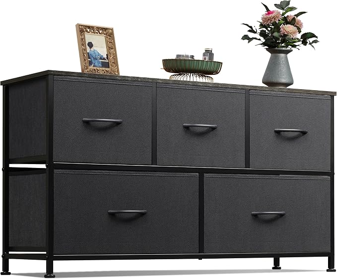 WLIVE Dresser for Bedroom, Wide Dresser with 5 Fabric Drawer Charcoal Black