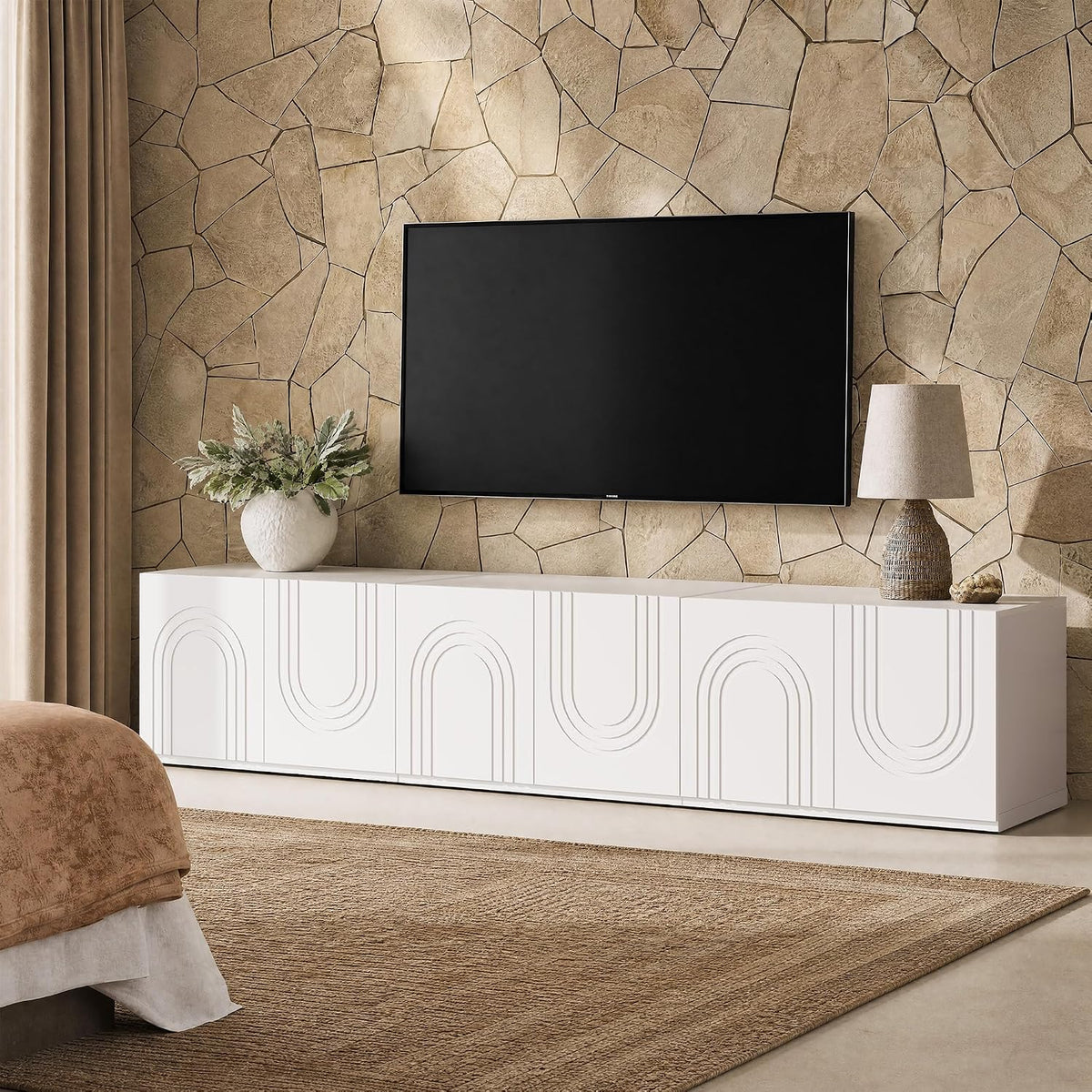WLIVE Modern Modular TV Stand for 100 inch TV, Combinable Storage,  Cream White 3D Embossed Arched Door Entertainment Center, Adjustable Shelves, Cable Management, Living Room, Bedroom