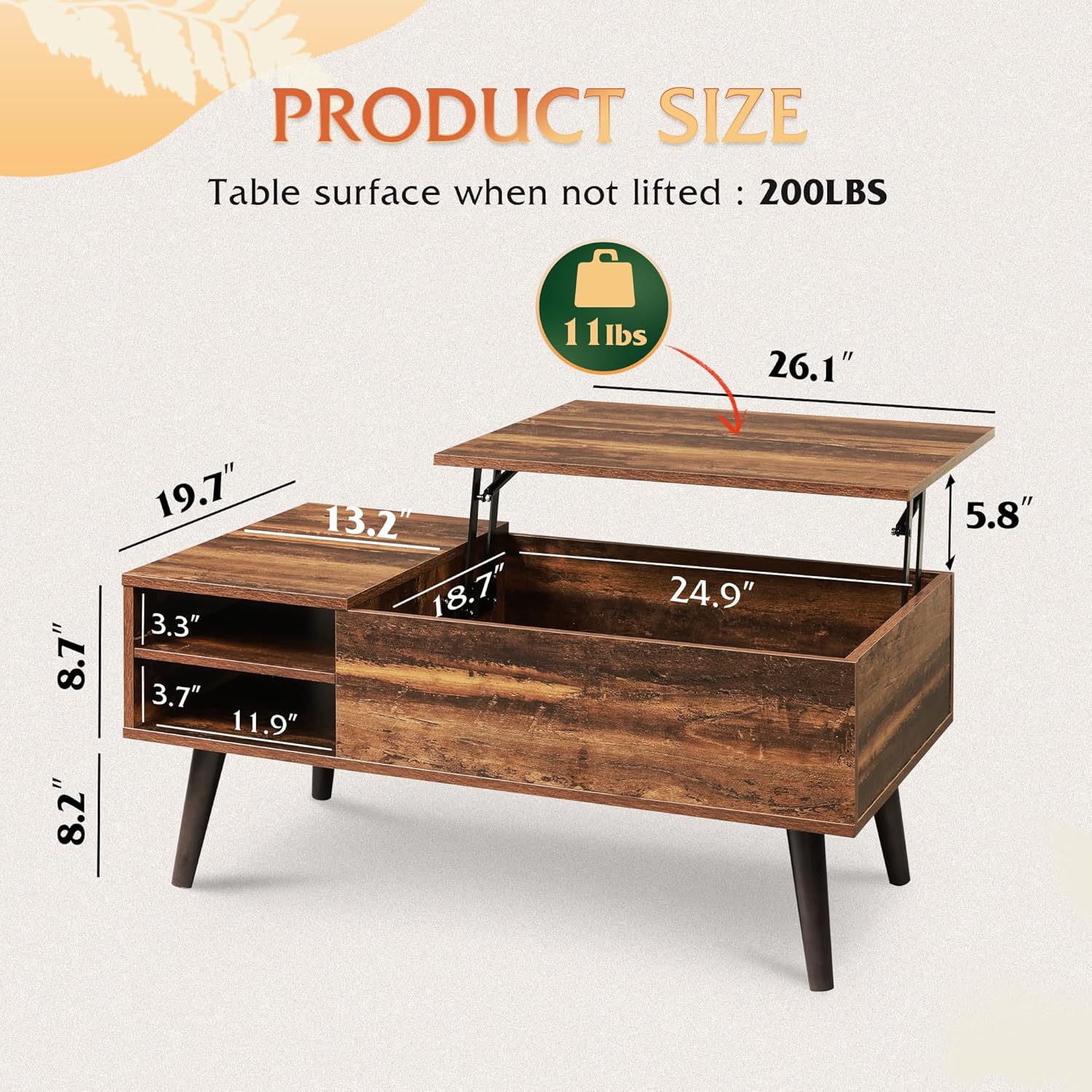 WLIVE Mid Century Modern Wood Lift Top Coffee Table with bookshelves