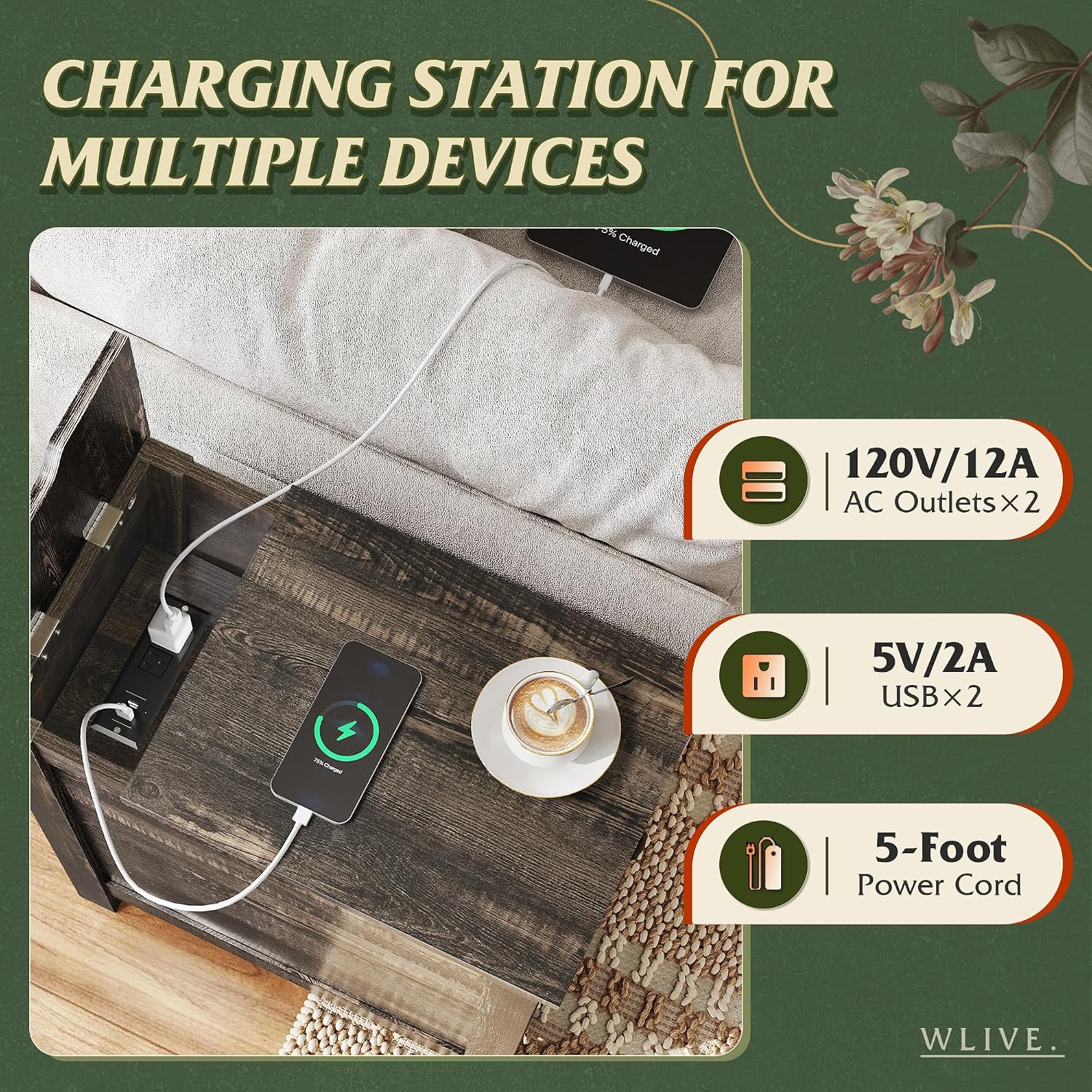 WLIVE End Table with Charging Station, Narrow Side Table for Living Room, Farmhouse Night Stand with Storage, Small Wooden Cabinet with USB Ports and Outlets for Living Room and Bedroom