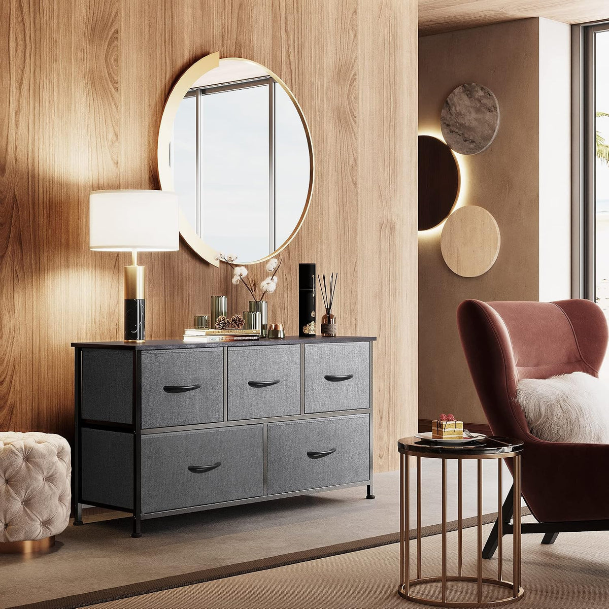 WLIVE Dresser for Bedroom, Wide Dresser with 5 Fabric Drawers, Dark Grey Chest of Drawers with Sturdy Steel Frame and Smooth Wood Tabletop, for Closet and Entryway