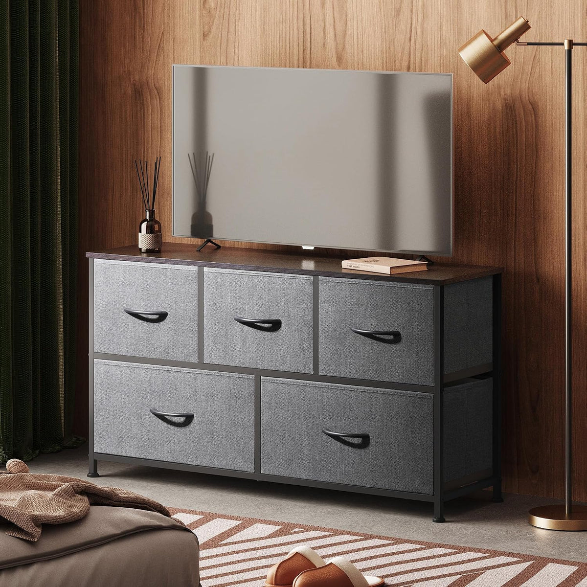 WLIVE Dresser for Bedroom, Wide Dresser with 5 Fabric Drawers, Dark Grey Chest of Drawers with Sturdy Steel Frame and Smooth Wood Tabletop, for Closet and Entryway