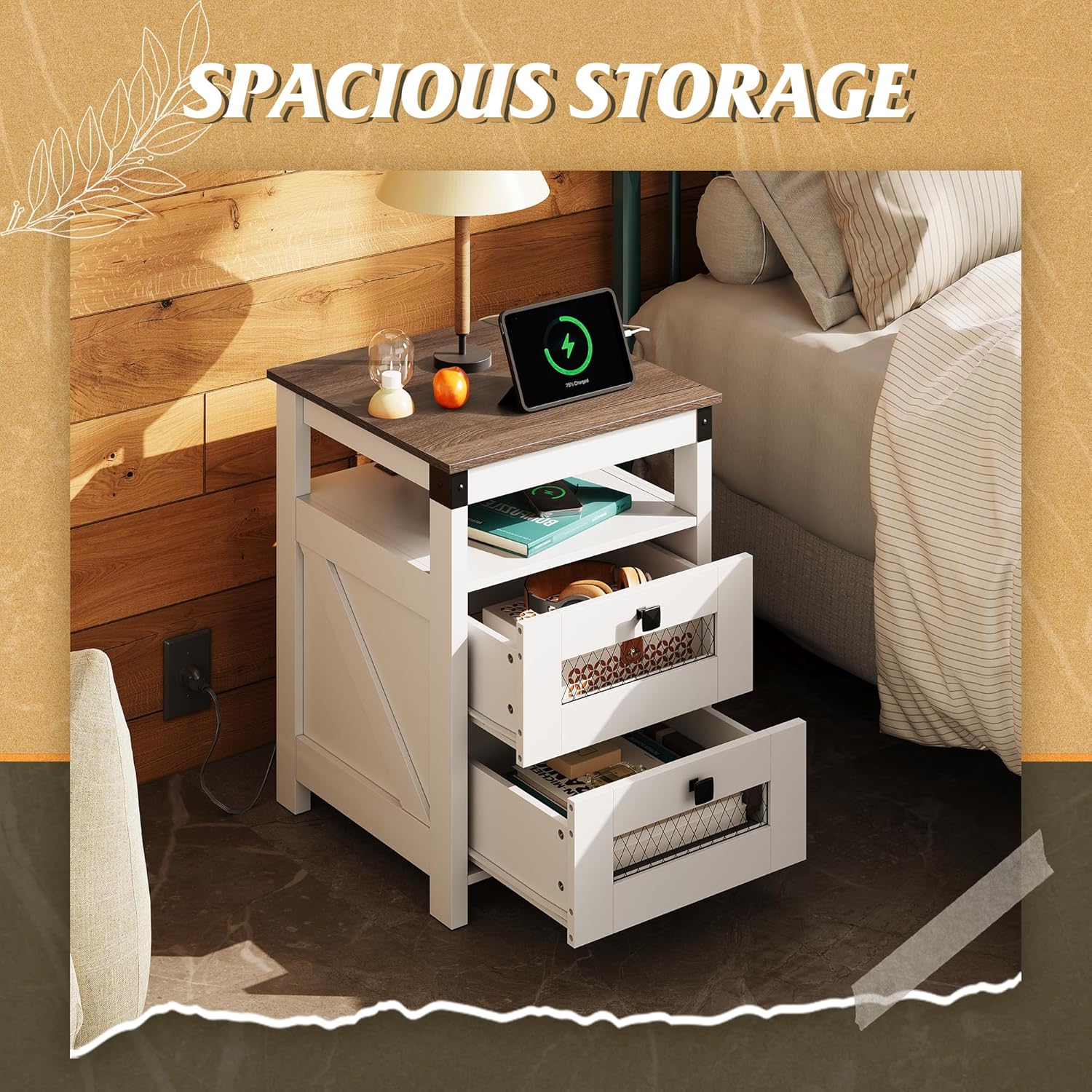 WLIVE Farmhouse 2 Drawer Wood Nightstand with Charging Station