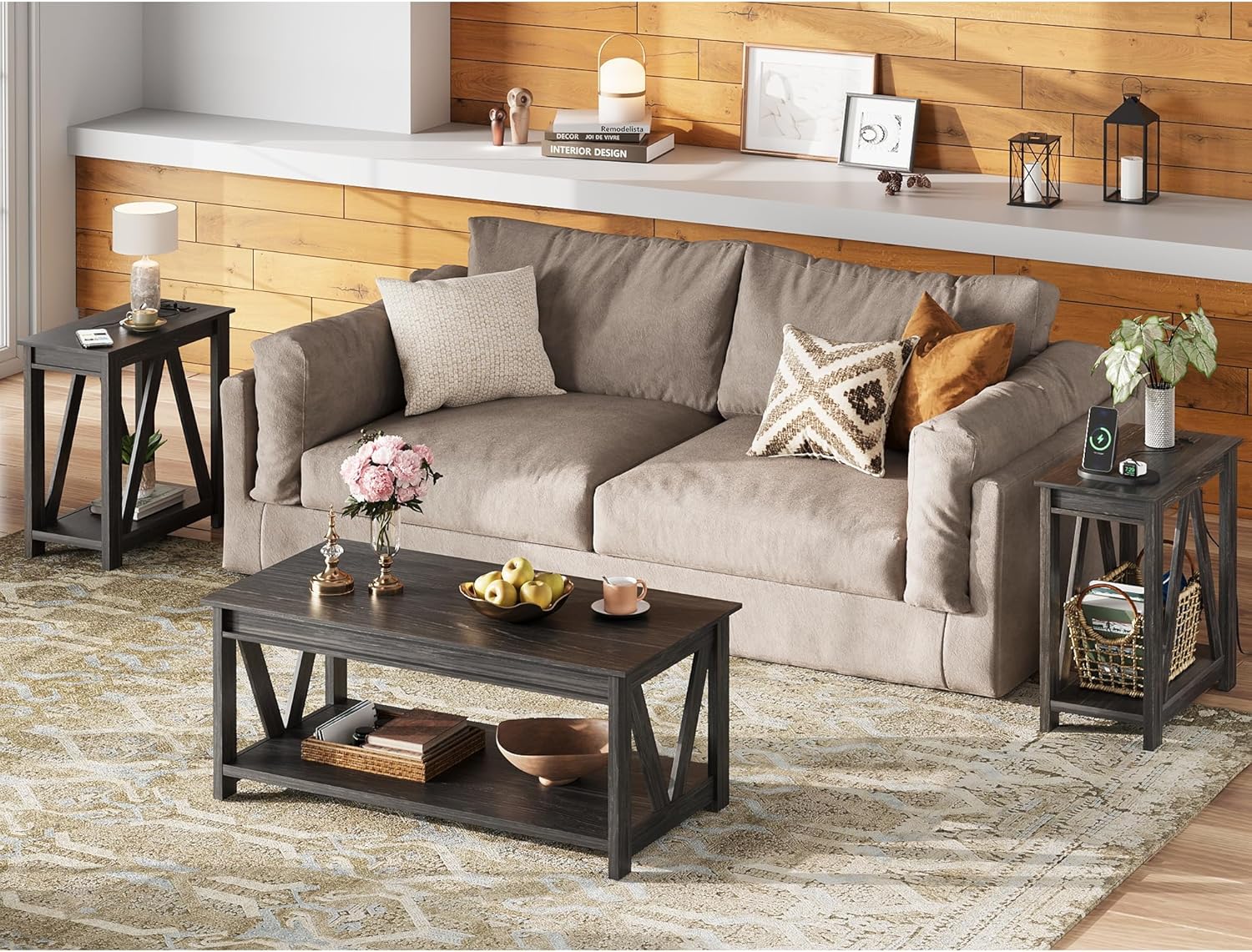 WLIVE End Tables Living Room Set of 2 with Charging Station, Sofa Side Tables with Open Storage Shelf, Slim Farmhouse End Table Sets