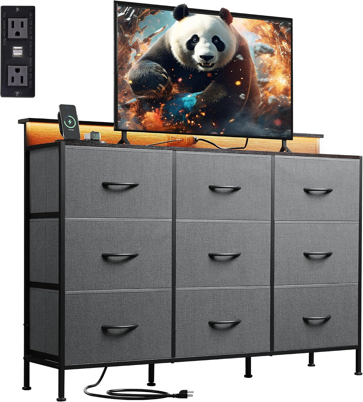 WLIVE Dresser TV Stand with LED Lights &Outlets, 9 Fabric Drawers, Charcoal
