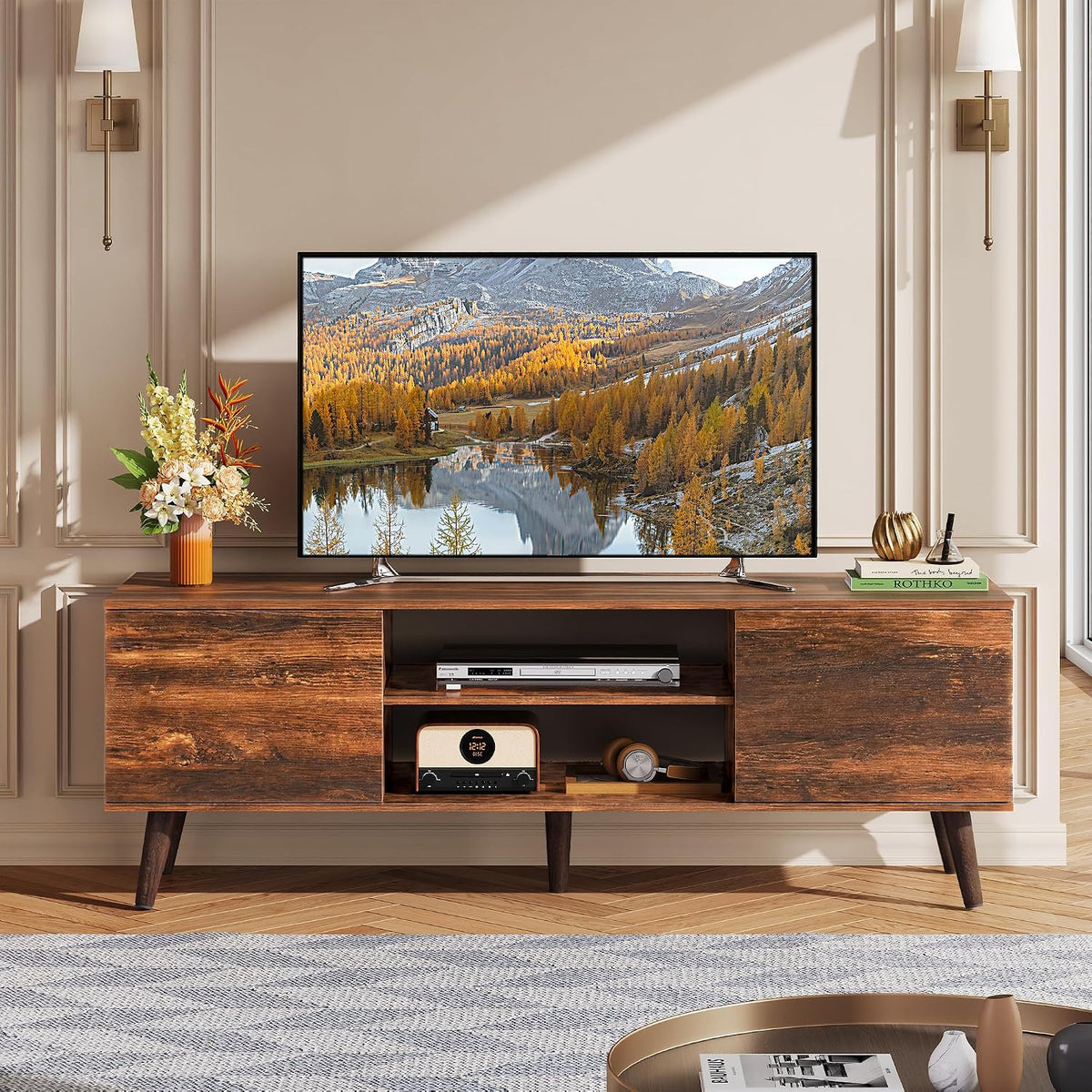 WLIVE TV Stand for 55 60 Inch TV, mid Century Modern Entertainment Center with 2 Cabinets Storage & Adjustable Shelf, Media Console Table for Living Room, Bedroom, Media Furniture