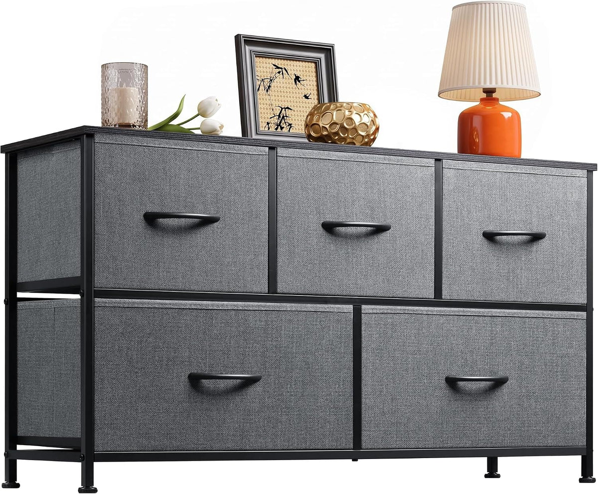 WLIVE Dresser for Bedroom, Wide Dresser with 5 Fabric Drawers, Dark Grey Chest of Drawers with Sturdy Steel Frame and Smooth Wood Tabletop, for Closet and Entryway