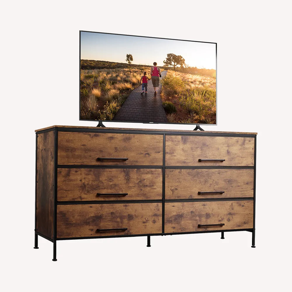 WLIVE Minimalist Fabric 7-Drawer Large Storage Dresser TV Stand in Rustic Brown