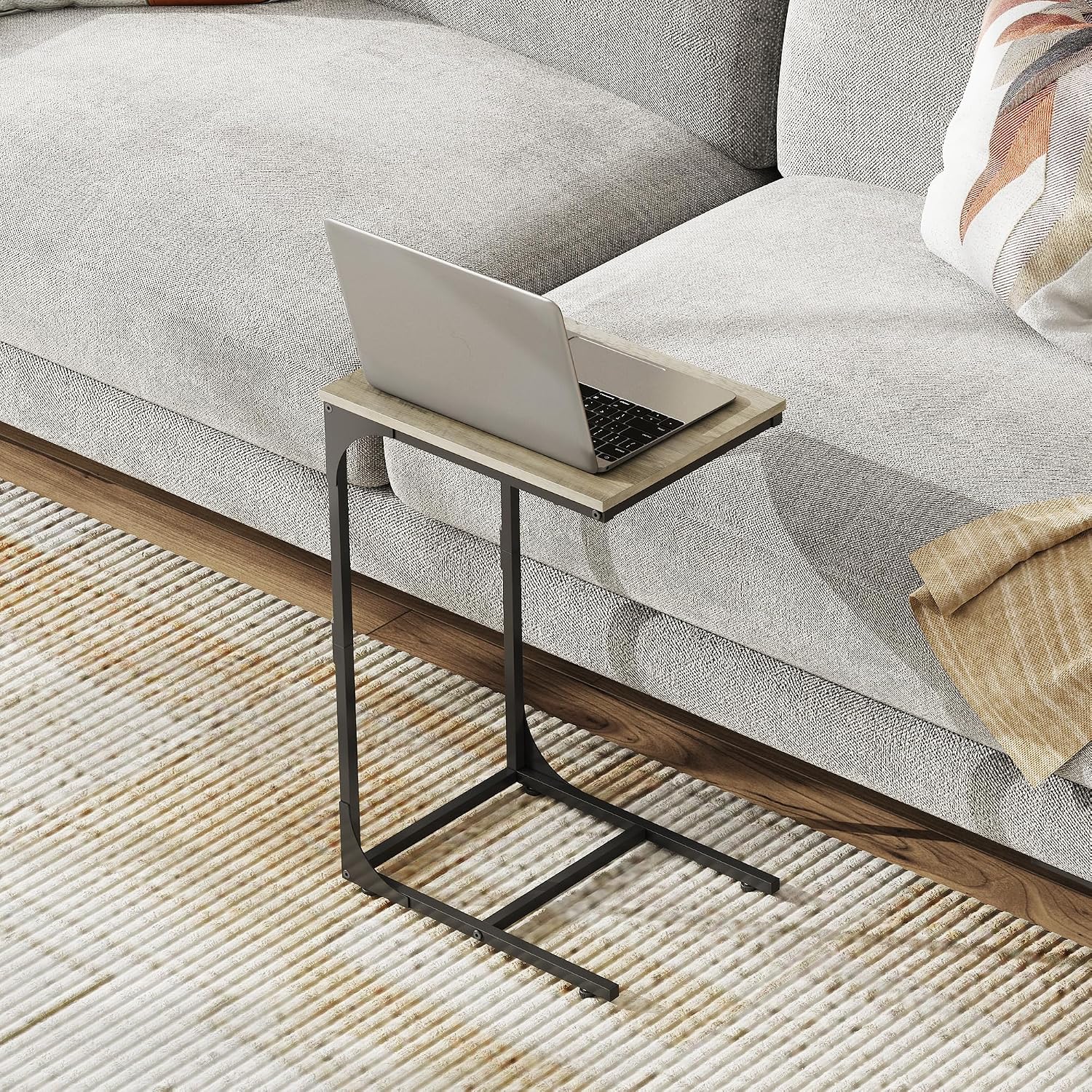 WLIVE C Shaped End Table, Small Couch Side Tables with Metal Frame that Slide Under, Sofa Table TV Tray for Living Room, Bedroom