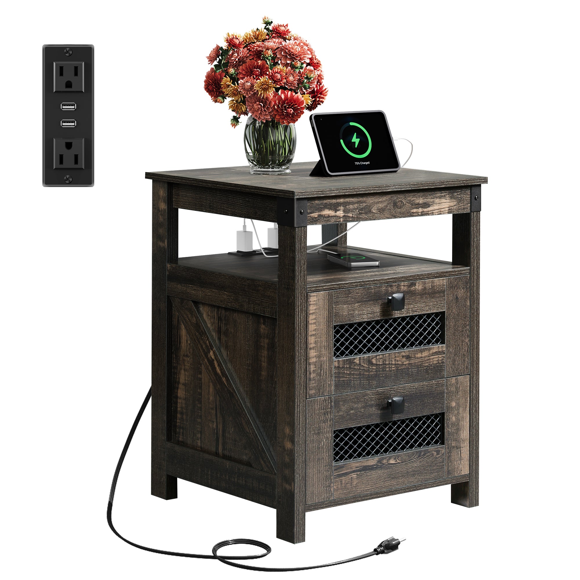 WLIVE Farmhouse 2 Drawer Wood Nightstand with Charging Station