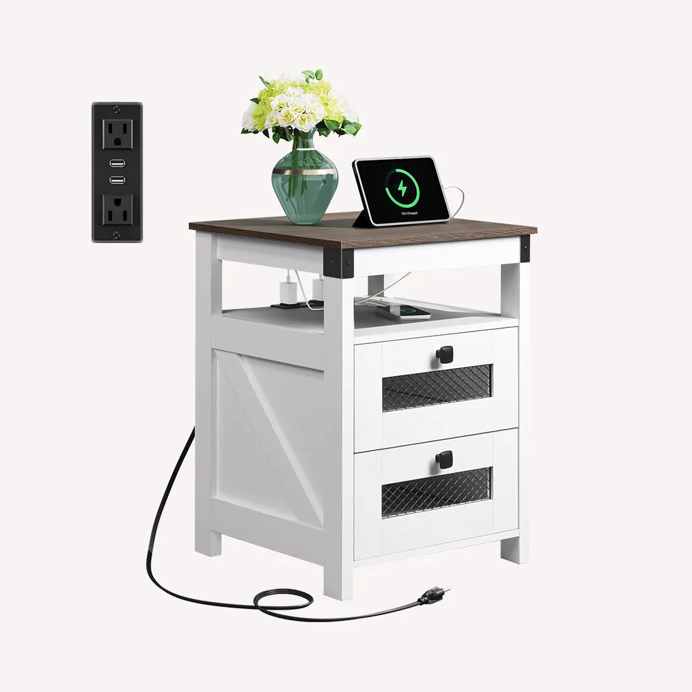 Antique White WLIVE Farmhouse 2 Drawer Wood Nightstand with Charging Station