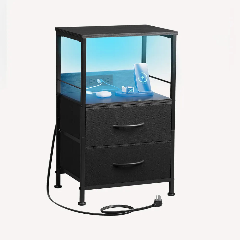 Black WLIVE 3-Tier LED Storage Nightstand with Charging Station