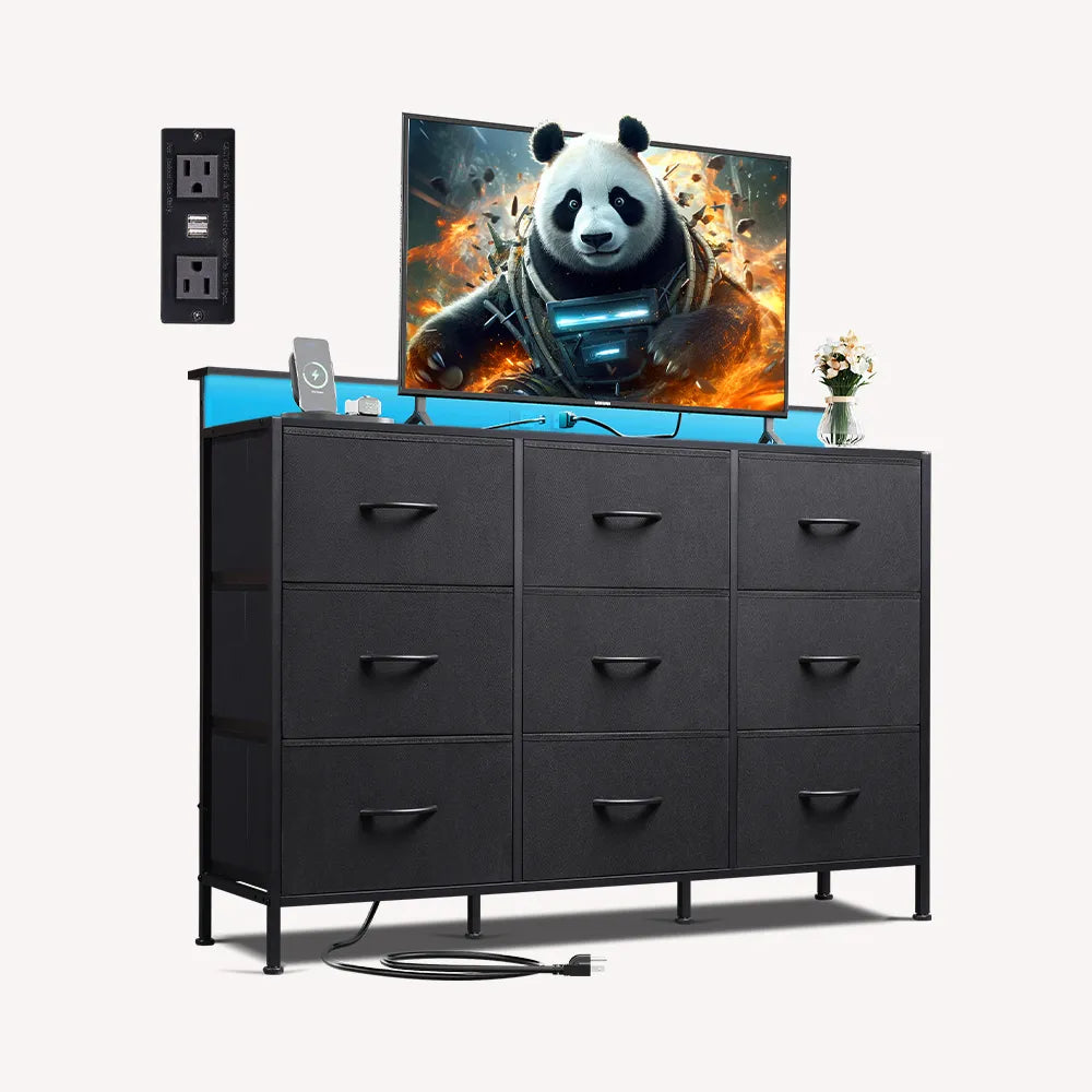 WLIVE black 9 drawer LED fabric dresser TV stand with storage