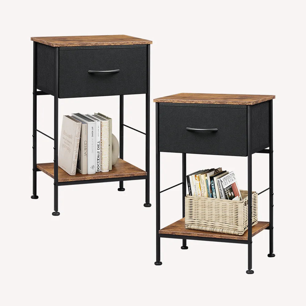 Black and rustic brown 1-drawer fabric storage nightstand set of 2