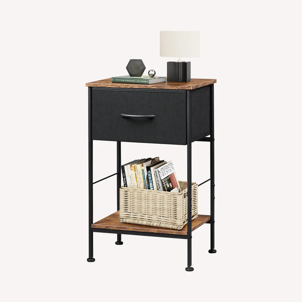 Black and rustic brown 1-drawer fabric storage nightstand