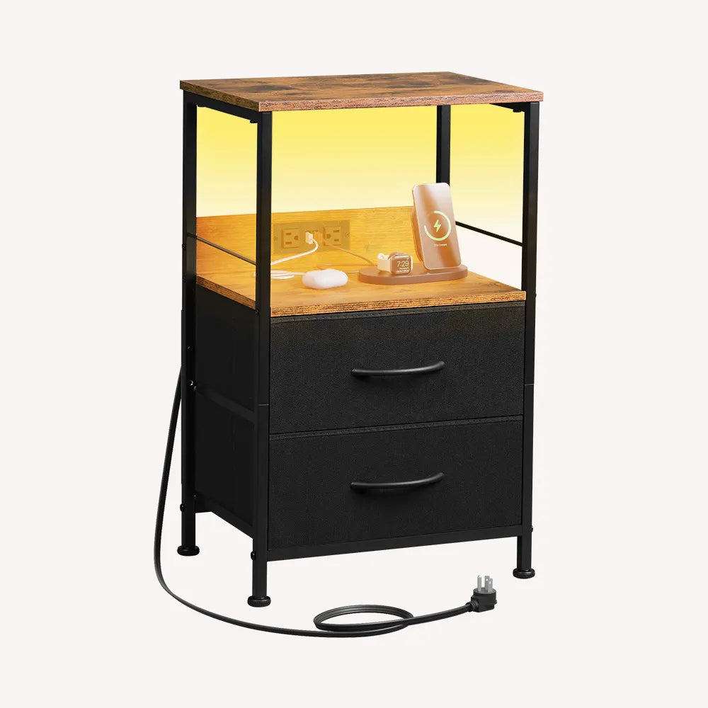 Black and Rustic Brown WLIVE 3-Tier LED Storage Nightstand with Charging Station