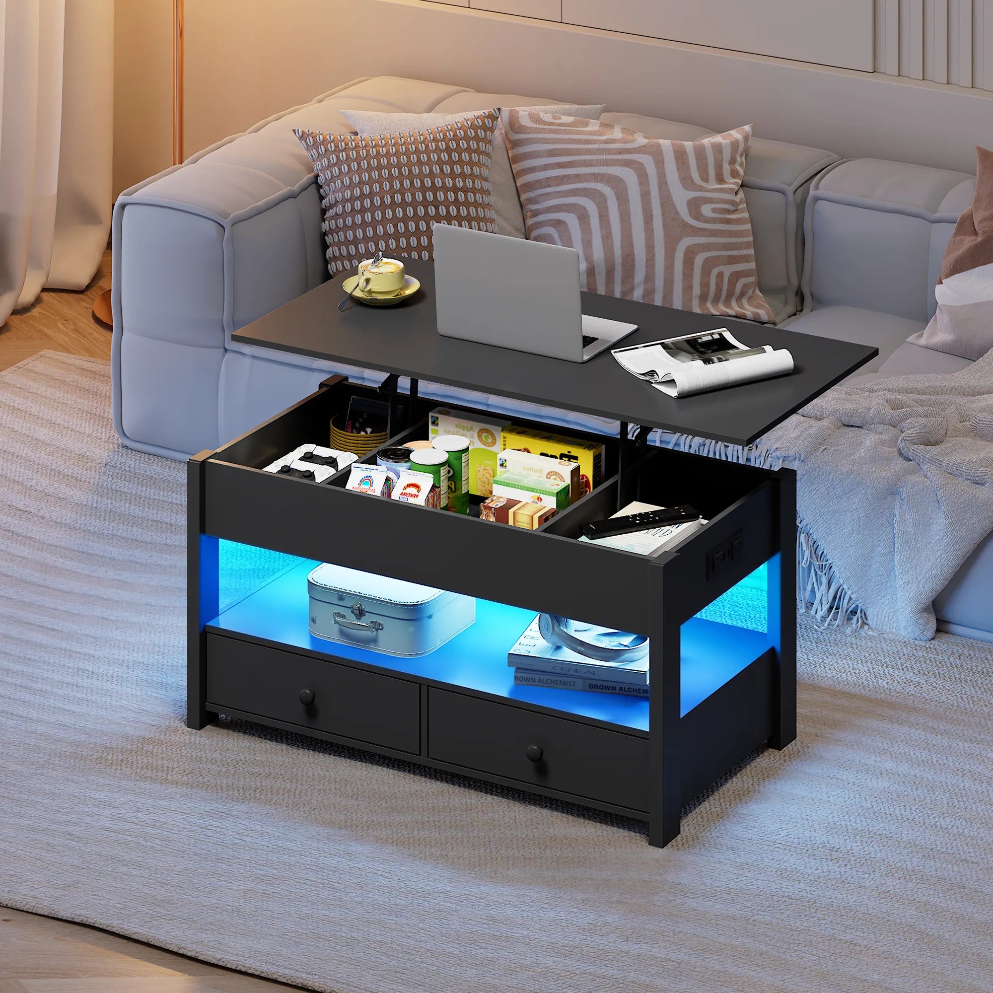 WLIVE Lift Top Coffee Table with 2 Drawers and LED light