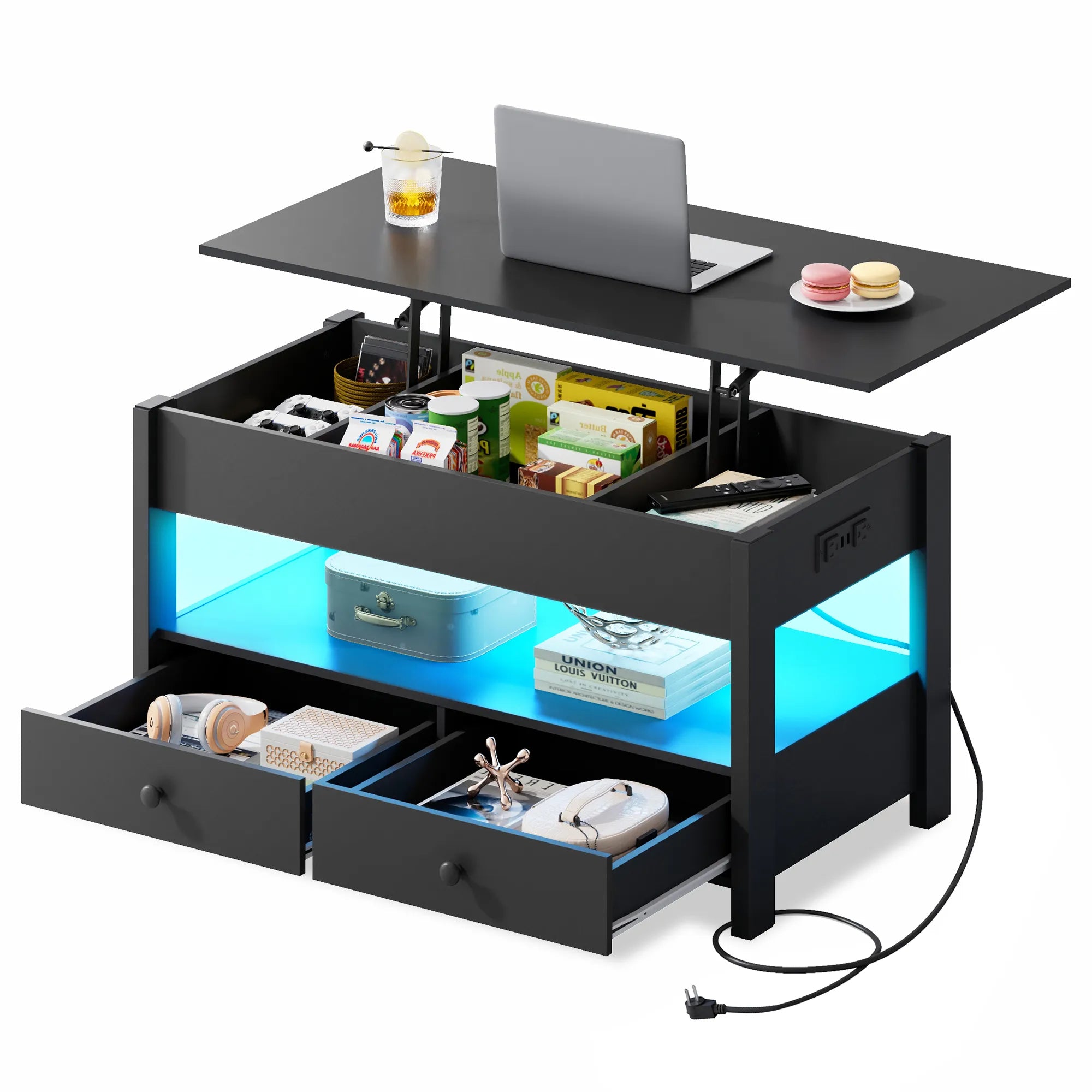 WLIVE Lift Top Coffee Table with 2 Drawers and LED light