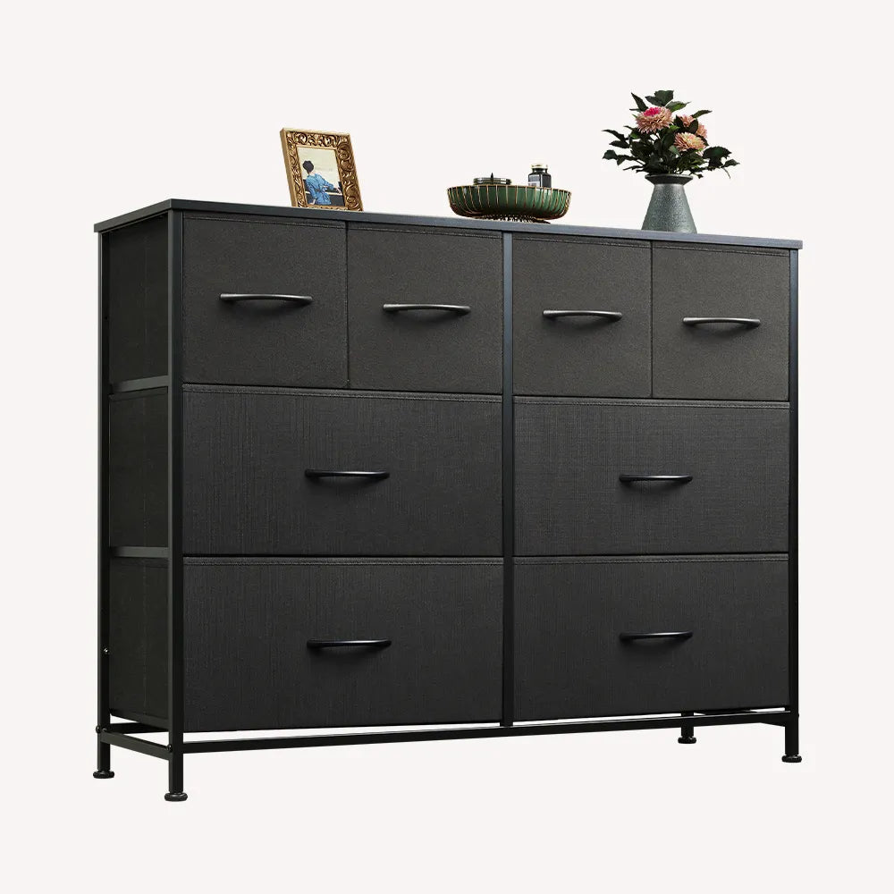 WLIVE Minimalist Wide 8-Drawer Storage Fabric Dresser in Black