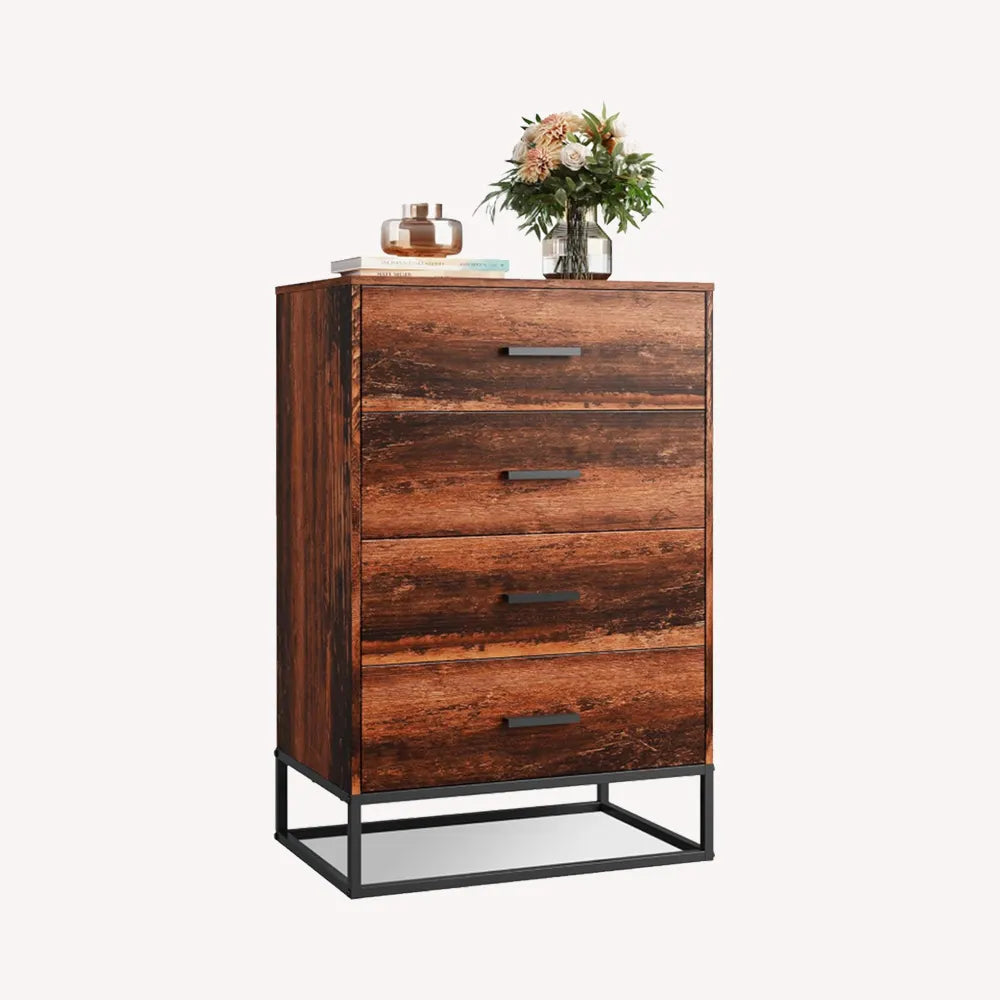 Brown Oak WLIVE 4-Drawer Minimalist Modern Wood Storage Chest