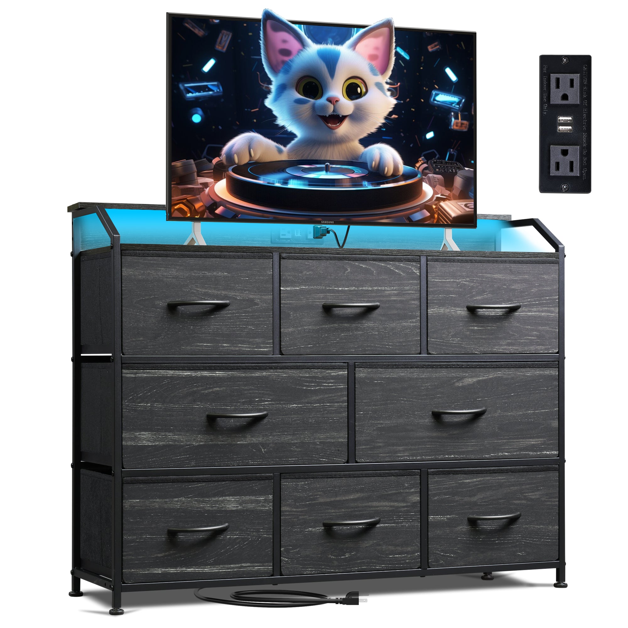 WLIVE Minimalist 8-Drawer LED Large Storage Fabric Dresser TV Stand