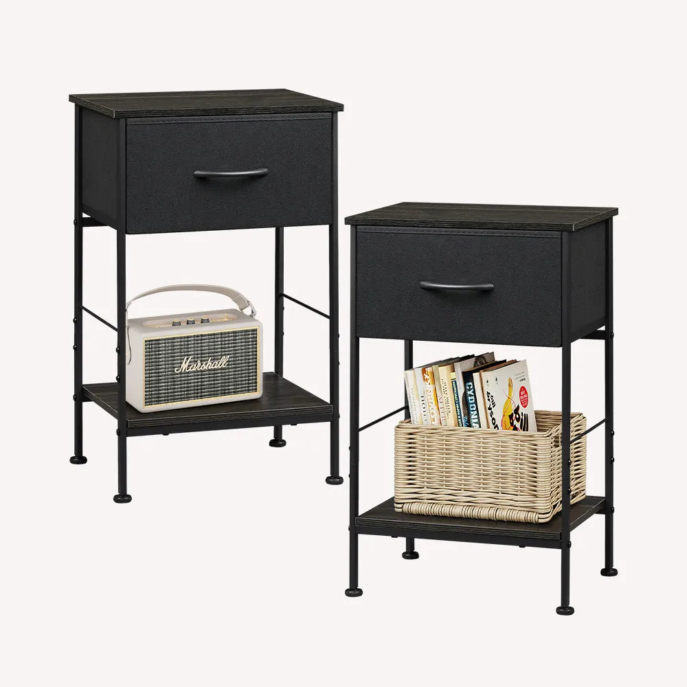 Charcoal black 1-drawer fabric storage nightstand set of 2