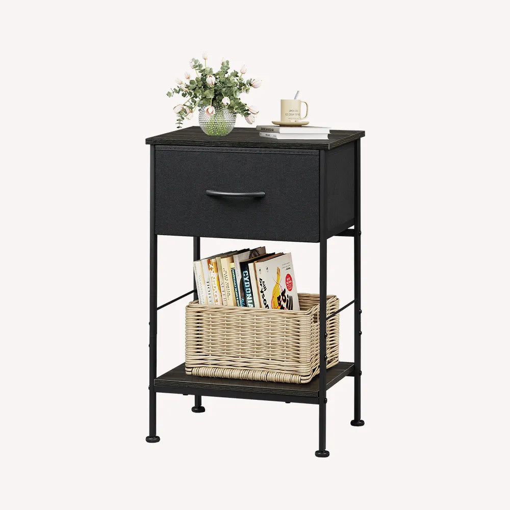 Charcoal black 1-drawer fabric storage nightstand