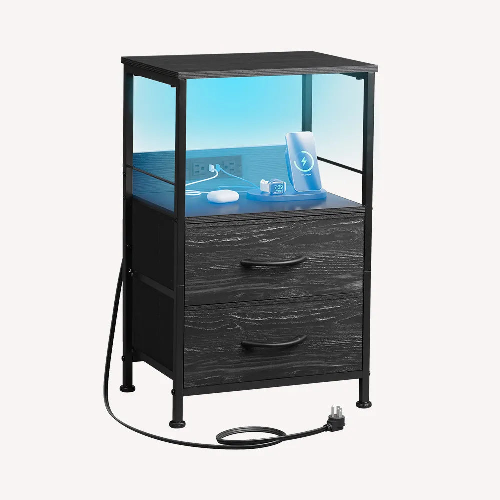 Charcoal Black WLIVE 3-Tier LED Storage Nightstand with Charging Station