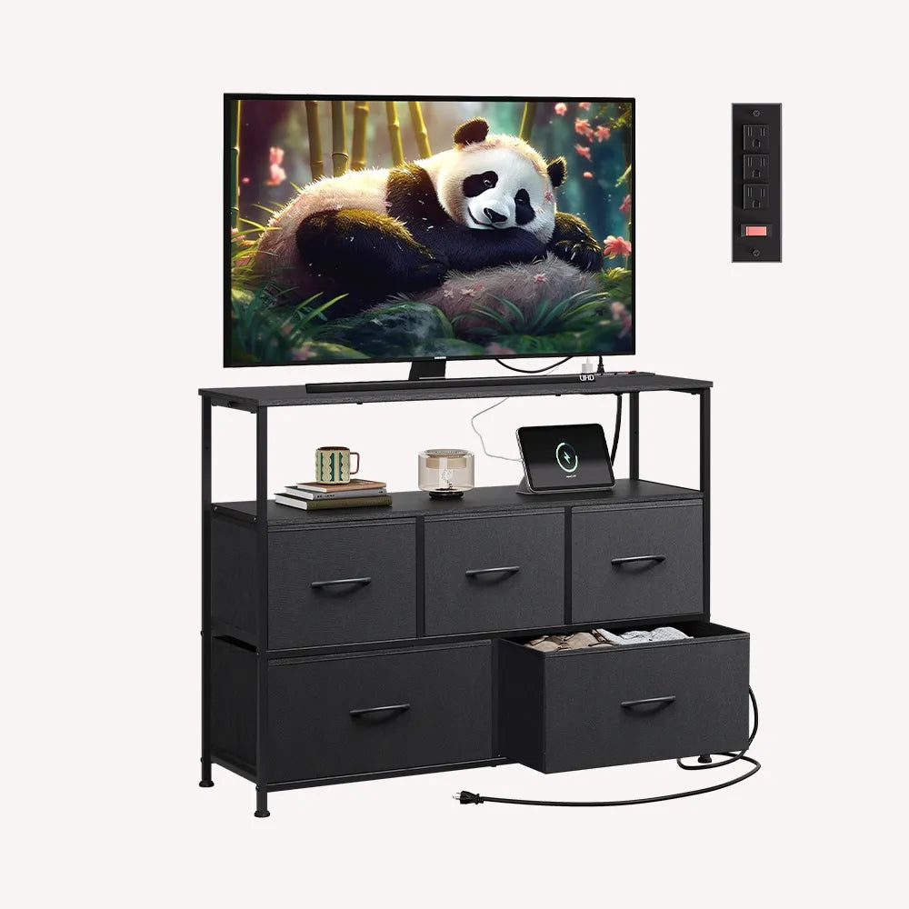WLIVE charcoal black 5-drawer fabric dresser TV stand with open shelves