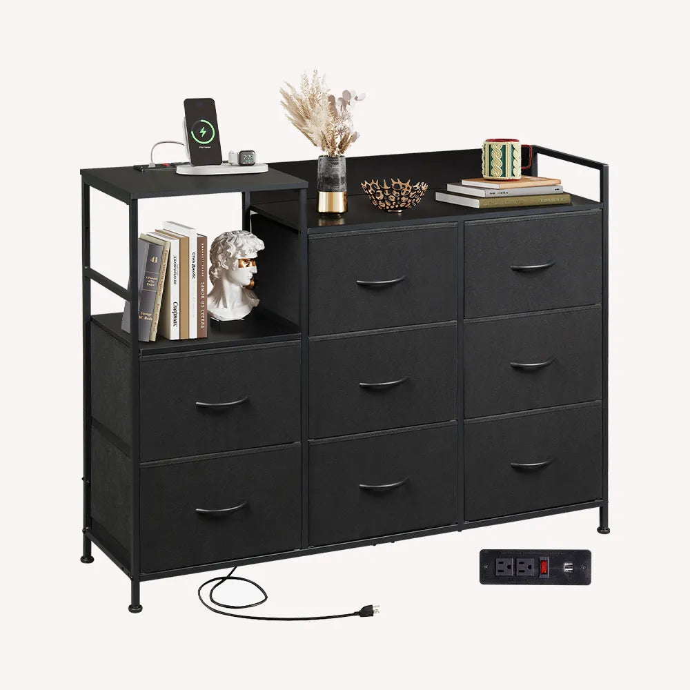 WLIVE charcoal black 8 drawer fabric dresser with three columns and large storage