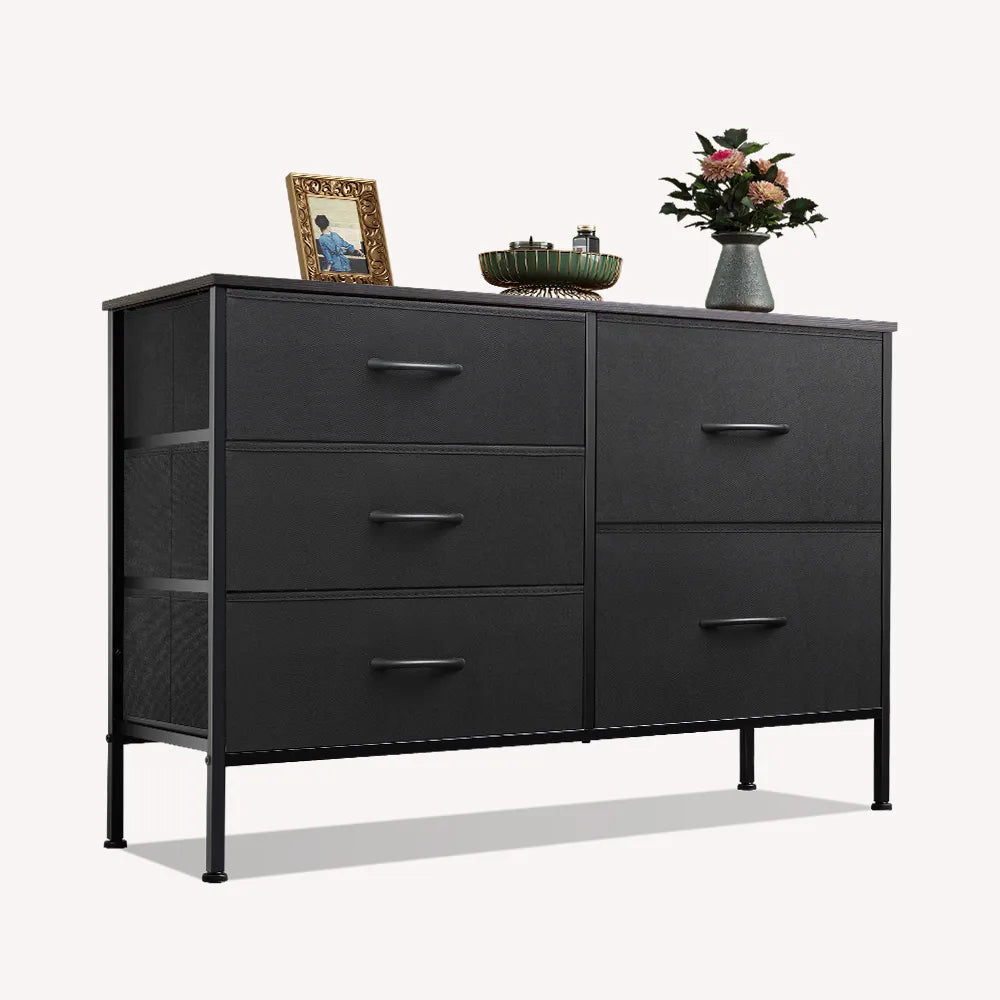Charcoal black minimalist fabric 5-drawer large storage dresser