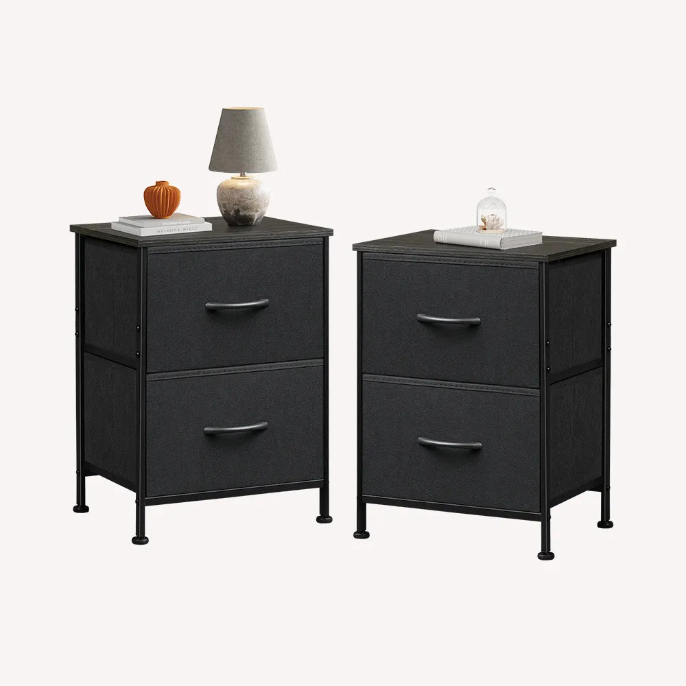 Charcoal black minimalist small fabric 2-drawer nightstands set of 2